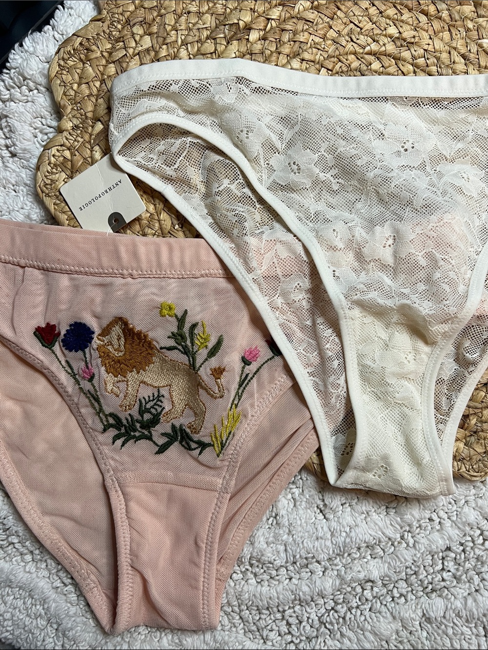 Anthropologie LyreBird Embroidered Lion Mesh Lace Bikini Briefs Panty Set of 2